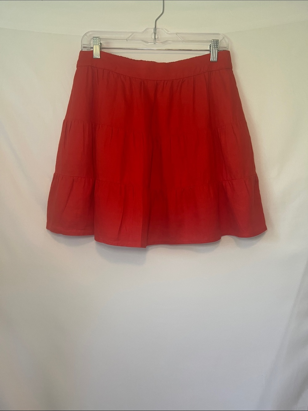 Boden 100% Linen Tiered Mini Skirt 8P Vermillion Red / Orange Ruffle Pockets